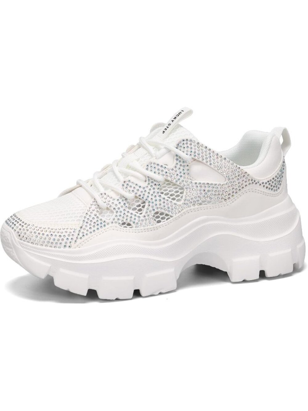 Women's White Rhinestone Lace-Up Color Block Chunky Platform Walking Sneakers